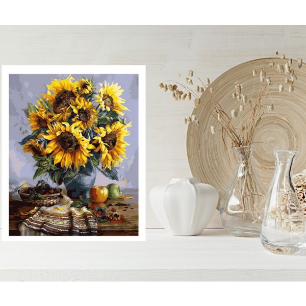 Pictura pe numere 40 x 50 cm cu rama de lemn vaza cu floarea soarelui 2