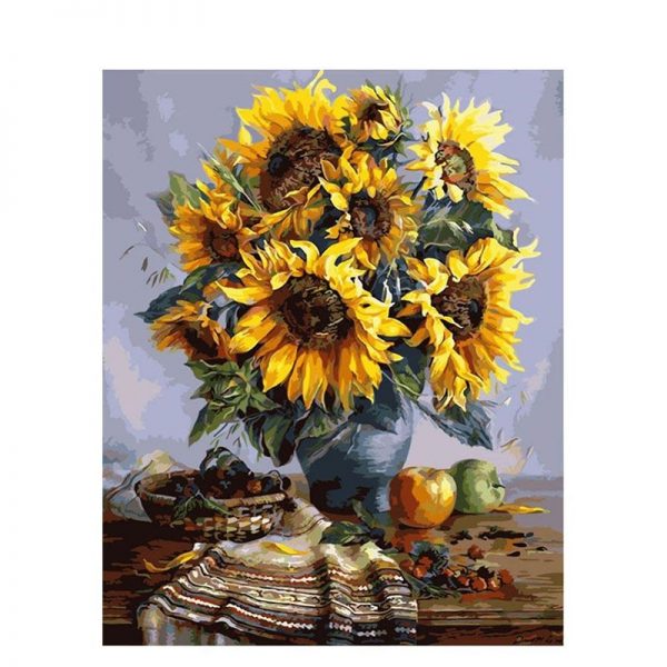 Pictura pe numere 40 x 50 cm cu rama de lemn vaza cu floarea soarelui